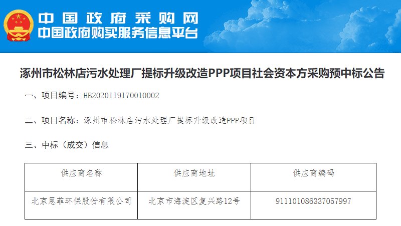 涿州市松林店污水处理厂提标升级改造PPP项目