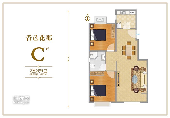 香邑花郡4#楼C户型两居87平米户型图