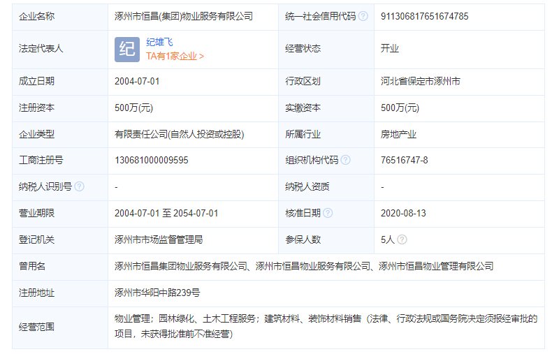 涿州银都花园物业公司工商注册信息