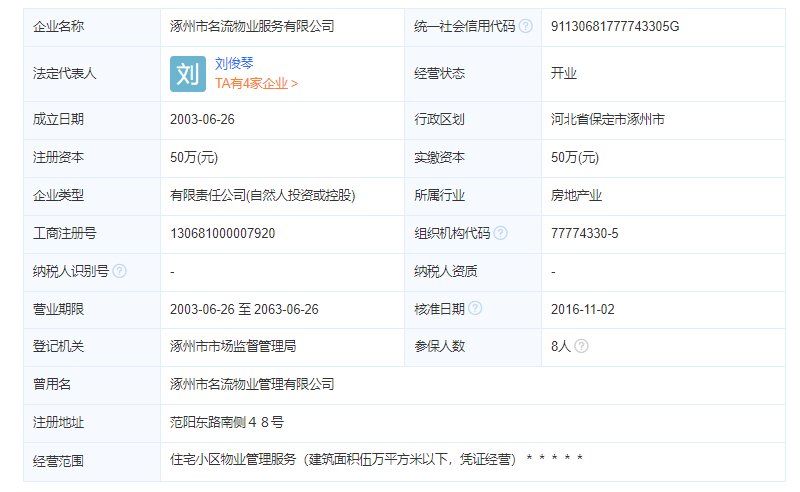 涿州名流五六期物业公司工商注册信息