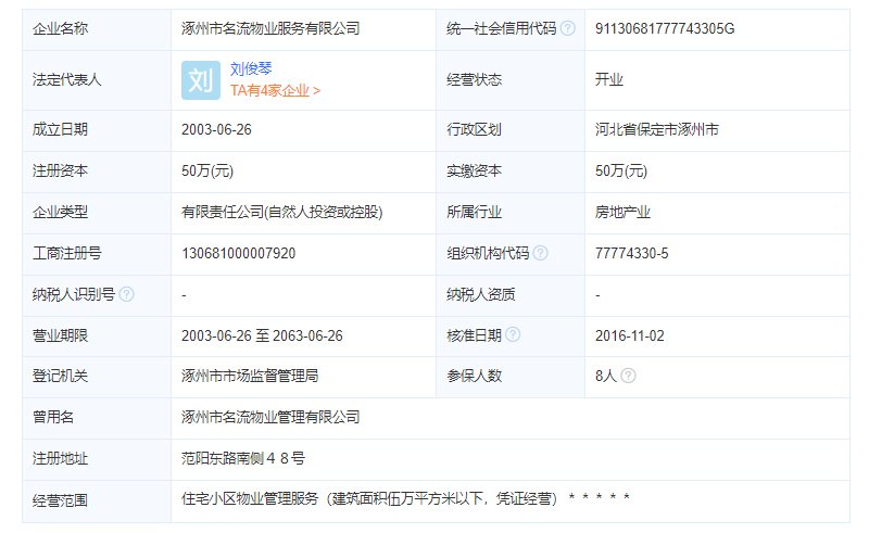 涿州名流公寓物业公司工商注册信息