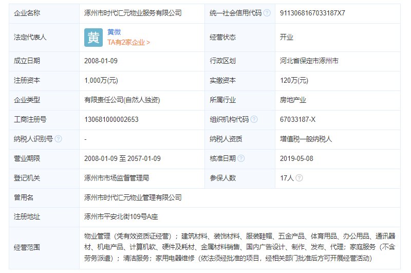 涿州汇元国际物业公司工商注册信息