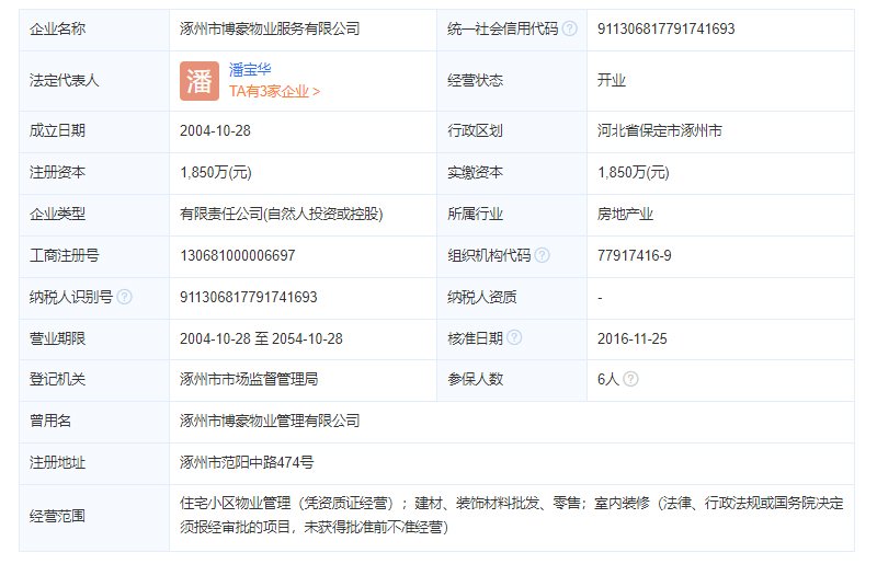 涿州中央公馆物业公司工商注册信息