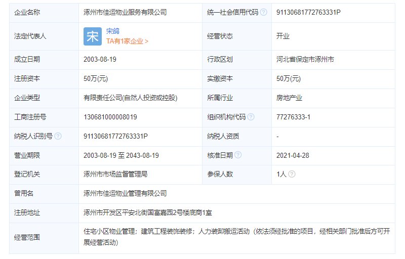 涿州金城花园物业公司工商注册信息
